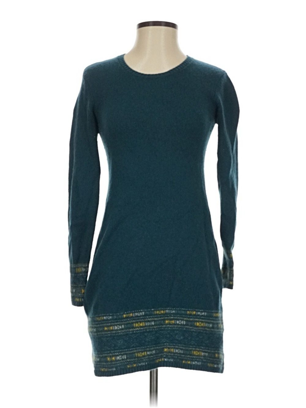 Sherpa Maya Long-Sleeve Teal Knit Dress Patterned Hem with merino wool & alpaca